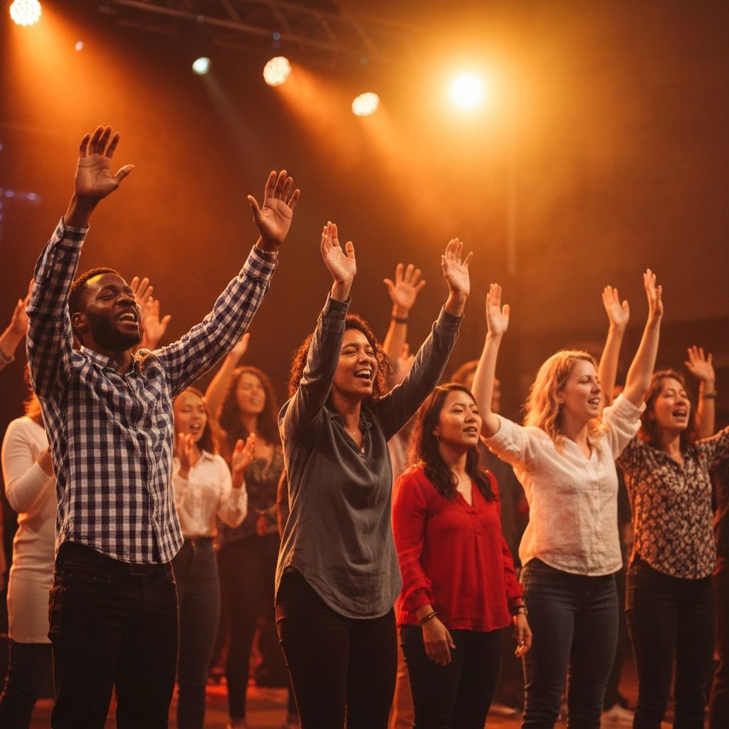 Diverse crowd worshipping with hands raised